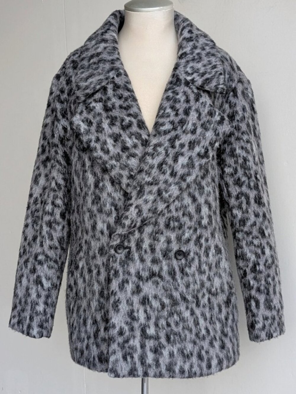 Scotch & Soda Wool Leopard Print Fuzzy Cocoon Peacoat